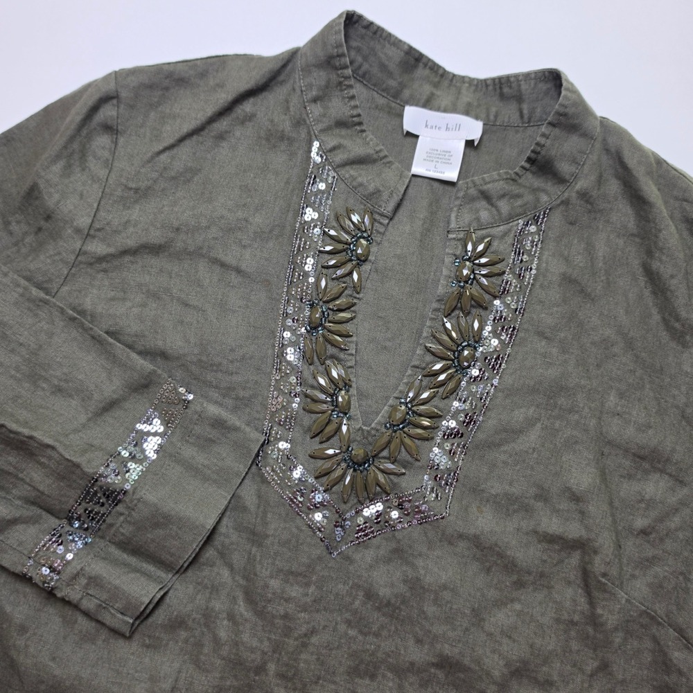 Kate Hill Womens Size Large Olive Green Linen Tunic Boho Beaded Lagenlook